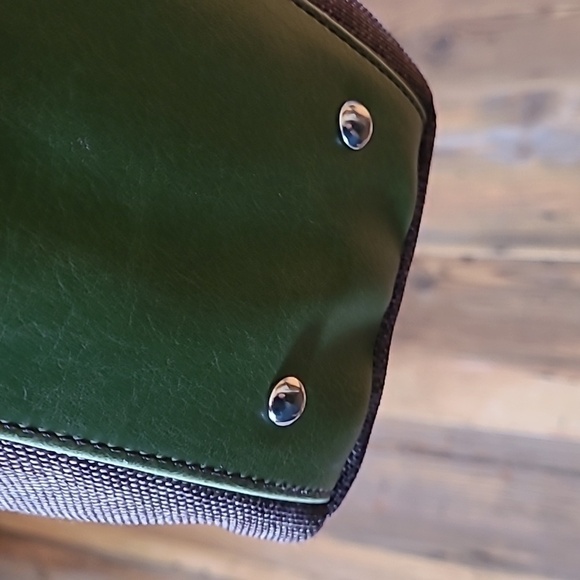 MATT & NAT Brown Canvas Green Vegan Leather Handbag, Metal Stud Detail - Picture 10 of 16